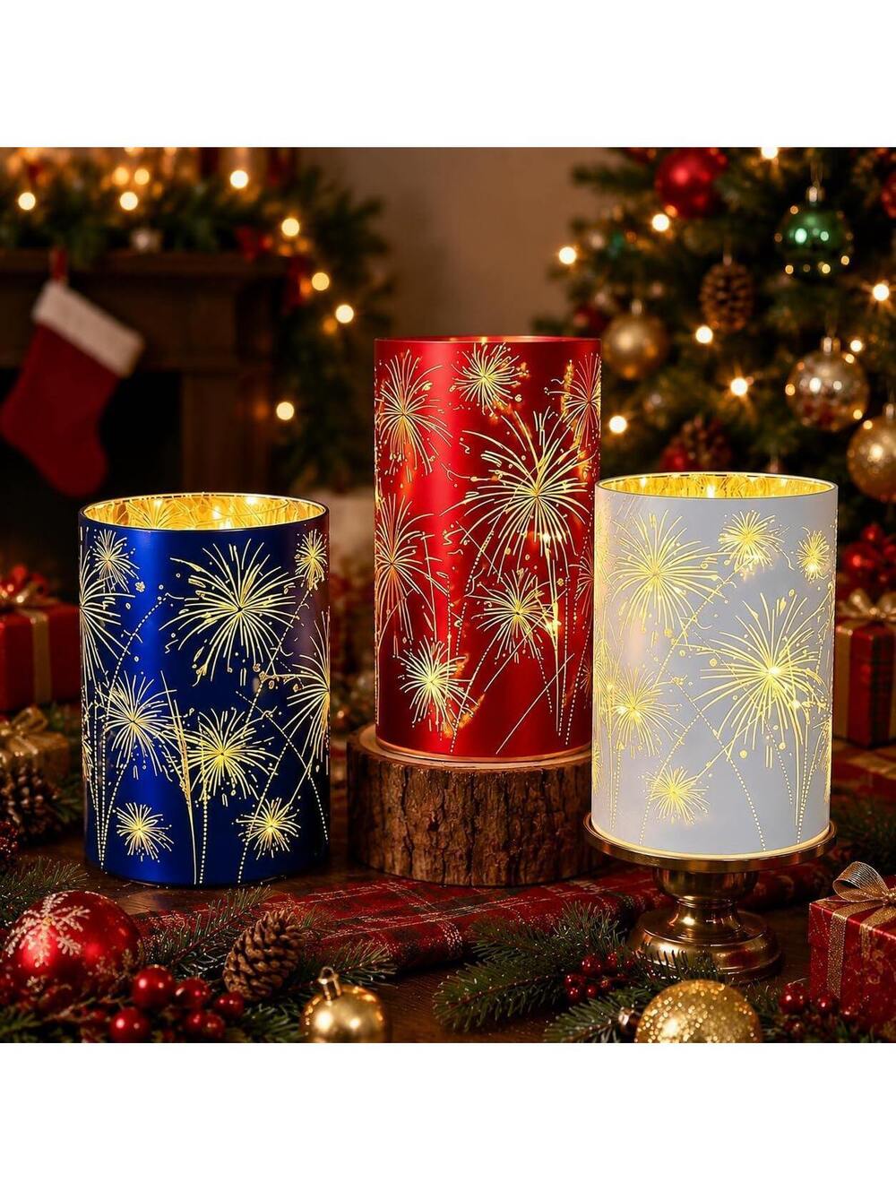 2 Pc Firework LED Hurricane Candle Holders Red White